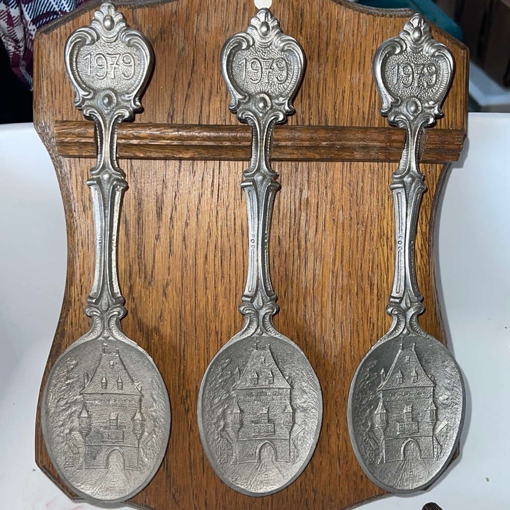Three pewter zinn German spoons on wooden rack collective vintage antique 1979